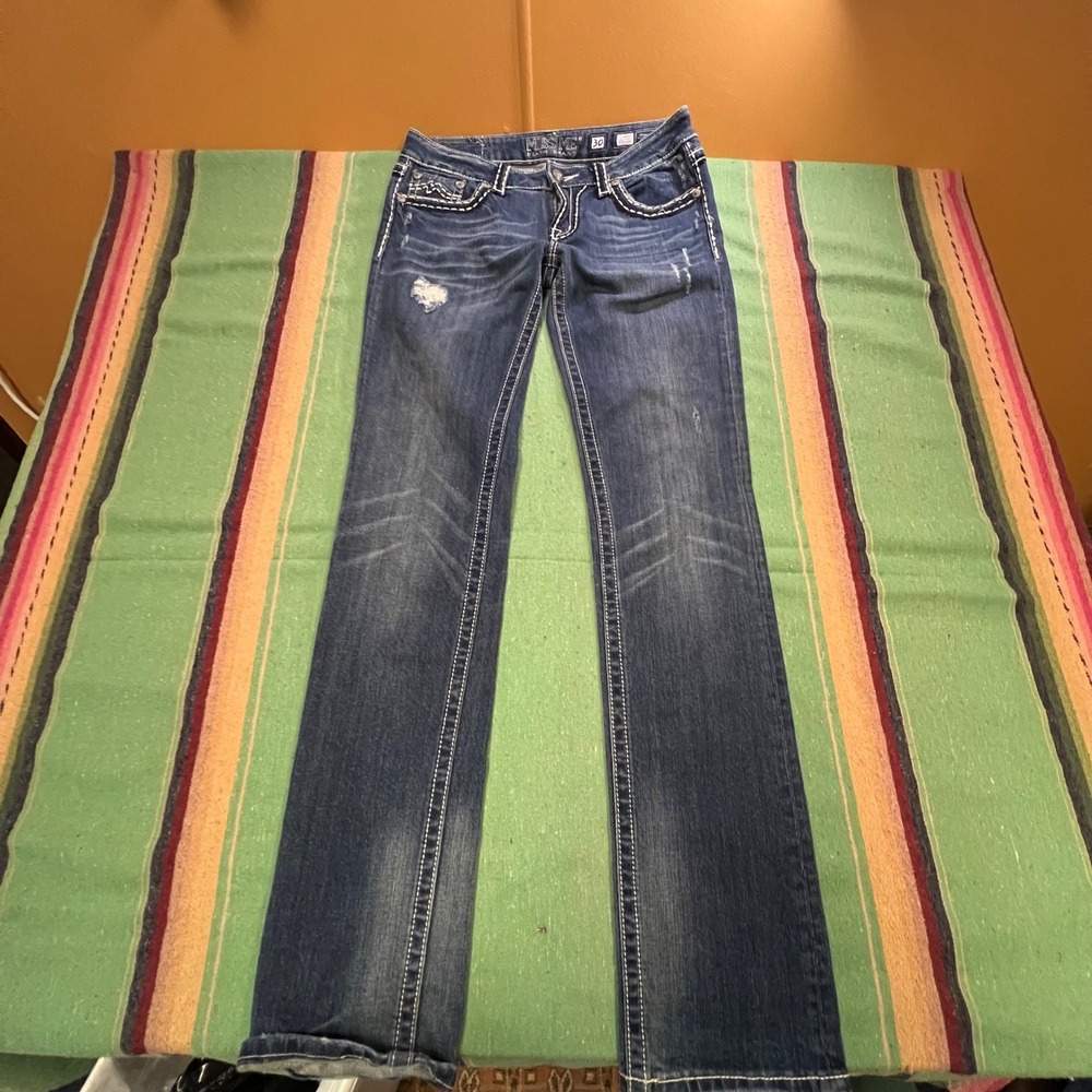 Miss Me Sunny Straight Jeans Womens 30 Blue Distressed Thick Stitch JP1033ST